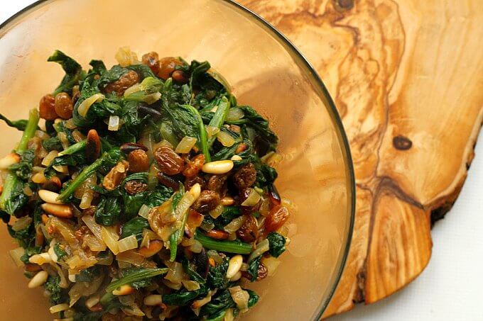 Spinach with Raisins & Pine nuts ~ Lydia's Flexitarian Kitchen
