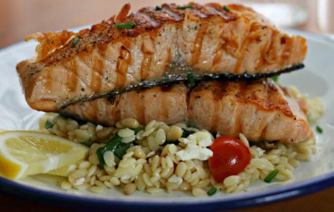 Grilled Salmon with Orzo Salad ~ I Heart Cooking Clubs ~ Lydia's Flexitarian Kitchen