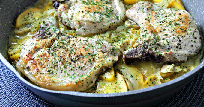 Pan Braised Pork Chops with Apples and Onions ~ One Dish, Delish ~ Lydia's Flexitarian Kitchen