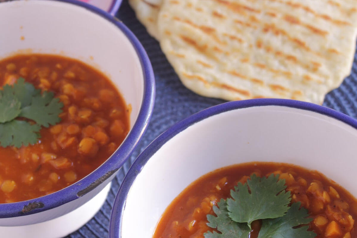 Curried Red Lentils with Flatbread and Cilantro Mint Chutney ~ Lydia's Flexitarian Kitchen