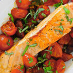 Salmon with Chorizo and Tomatoes ~ Lydia's Flexitarian Kitchen ~ photo of completed dish