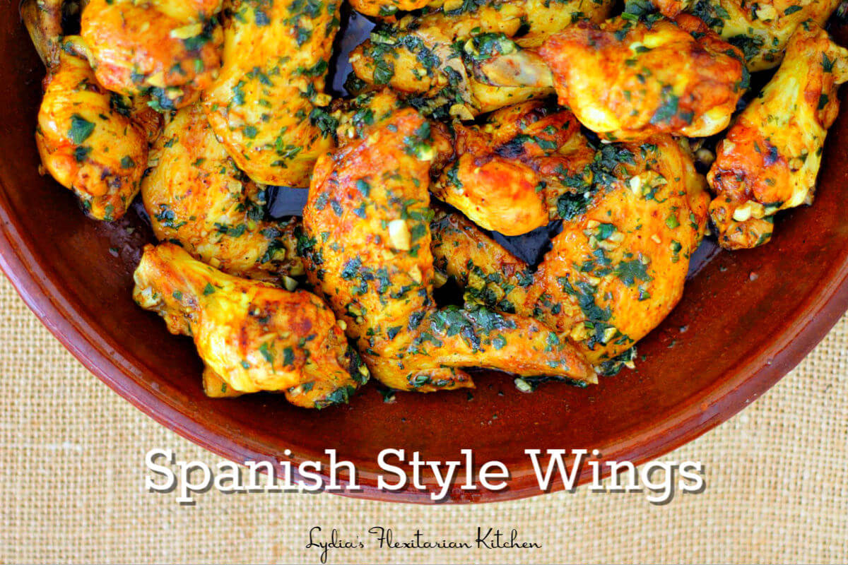 large photo of Spanish style chicken wings with text overlay