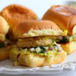 Crabless Sliders with Apple Salsa and Curried Mayo ~ #MeatlessMondays ~ Lydia's Flexitarian Kitchen