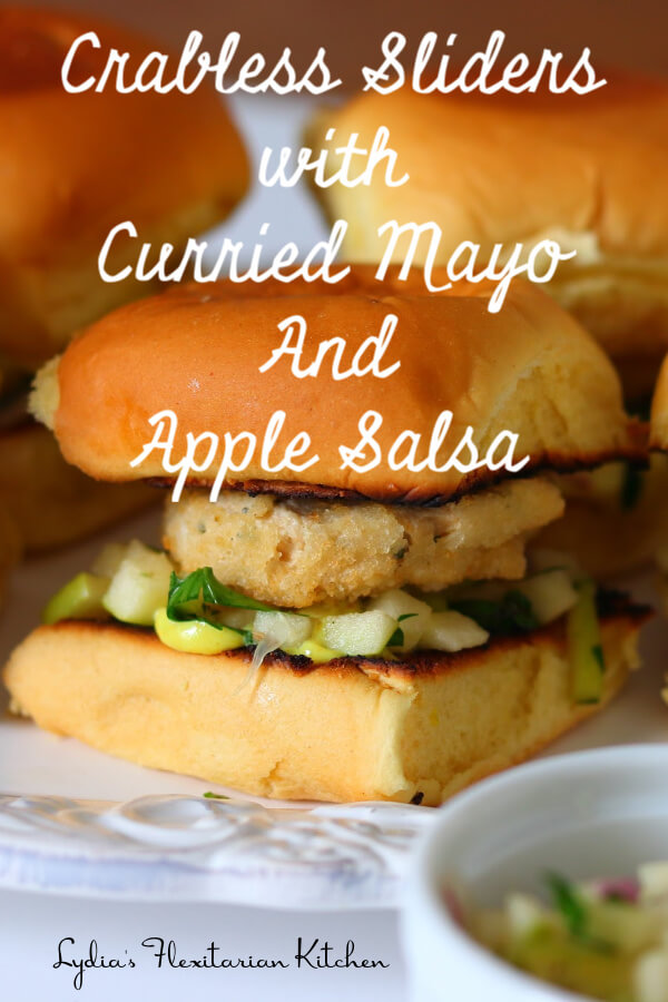 Crabless Sliders with Apple Salsa and Curried Mayo ~ #MeatlessMondays ~ Lydia's Flexitarian Kitchen