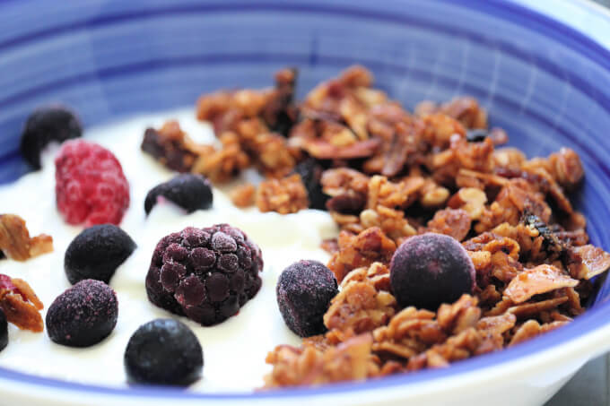 bowl of yogurt with fruit and bacon granola