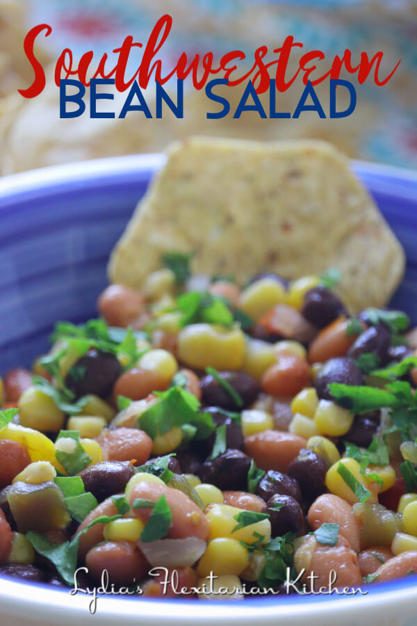large photo of southwestern bean salad with text