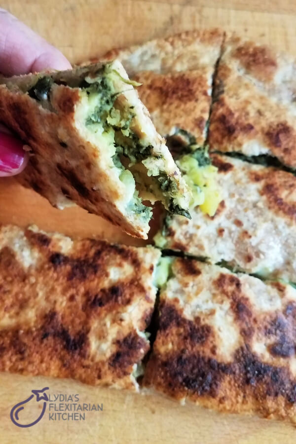 photo demonstrating the spinach and cheese filling of the gozleme