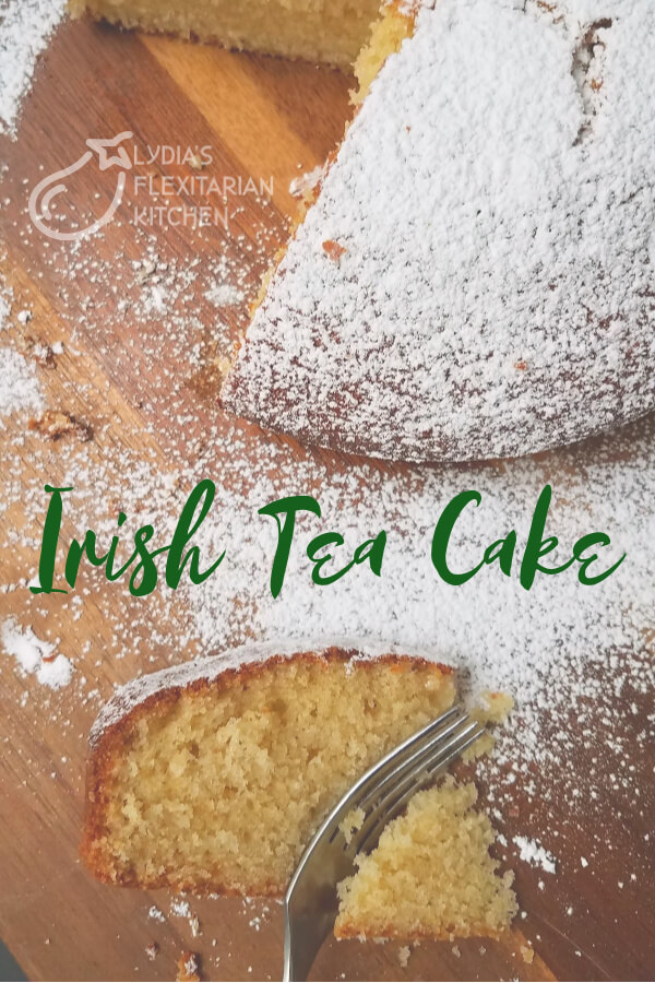 large photo of a sliced Irish Tea Cake with text