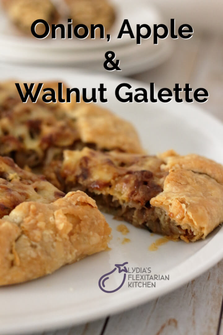 large photo of onion apple walnut galette with text