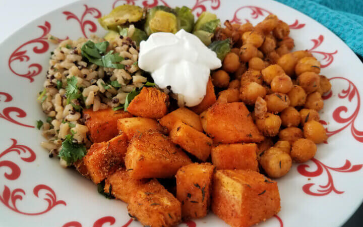 photo of roasted sweet potato bowl with brussels sprouts and chickpeas
