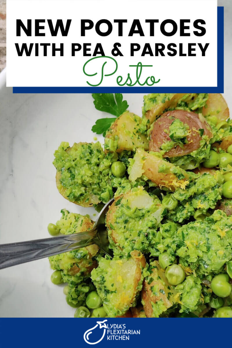 large image with text New Potatoes with Pea And Parsley Pesto