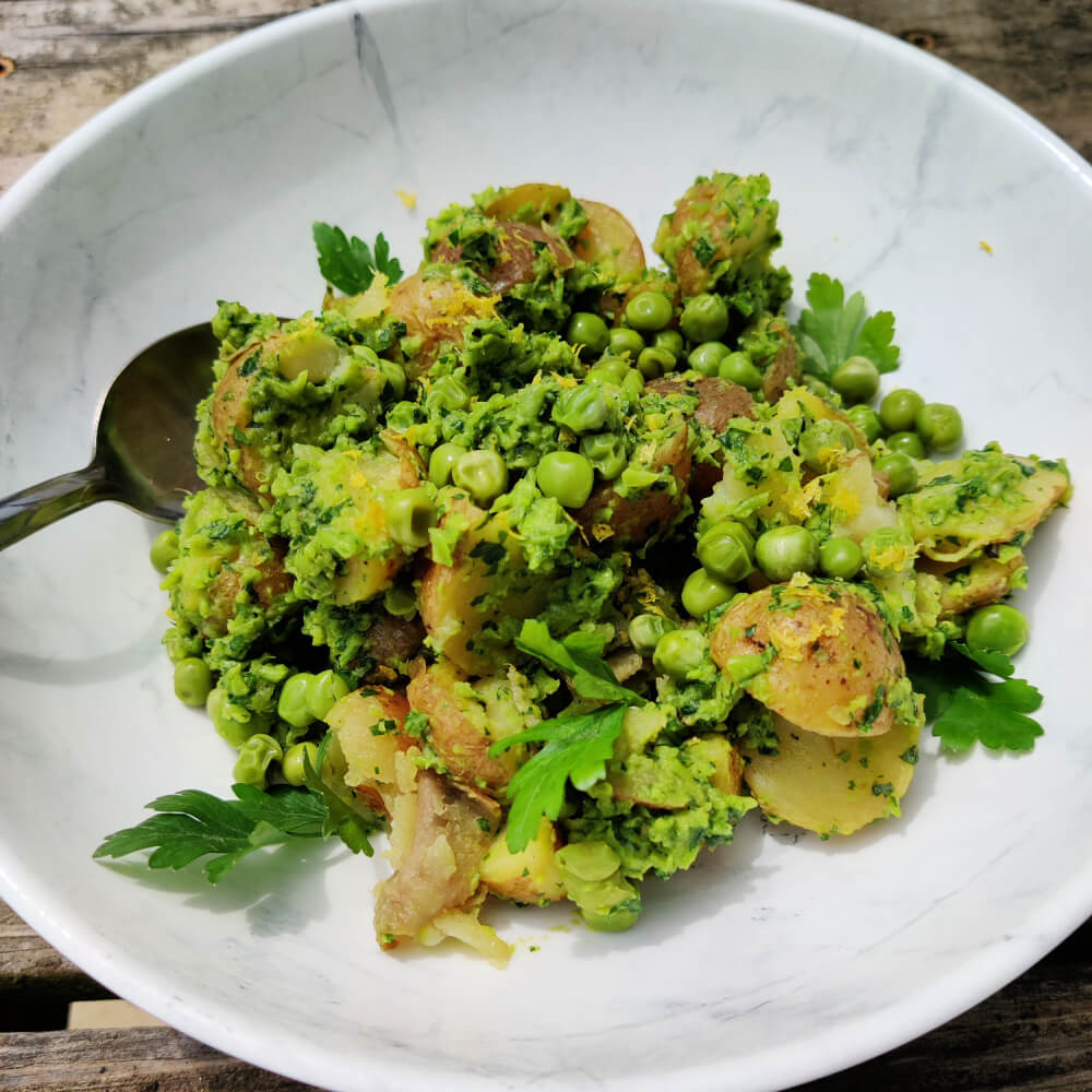 new potatoes with pea and parsley pesto