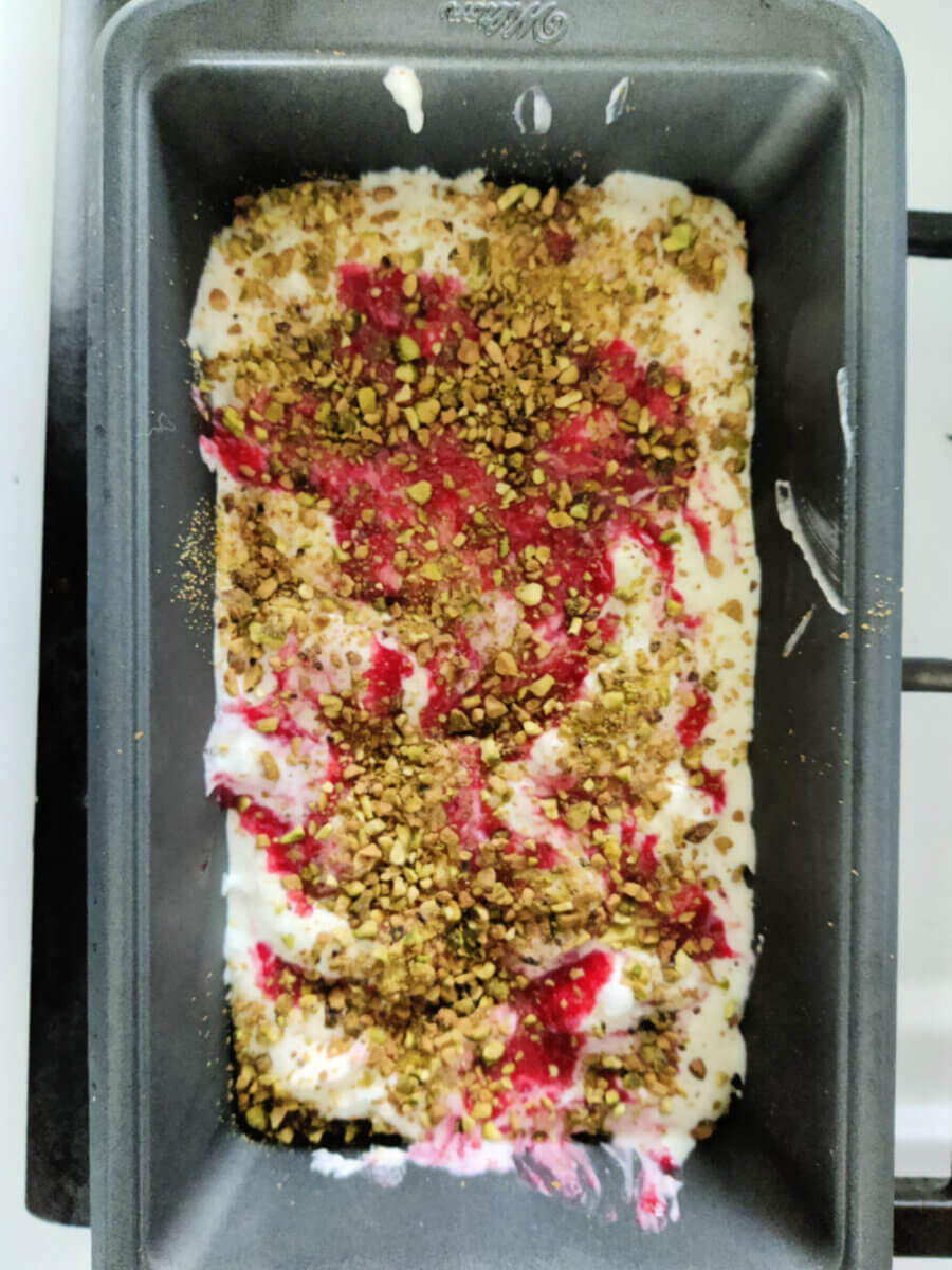 raspberry and pistachio semifreddo ready for the freezer