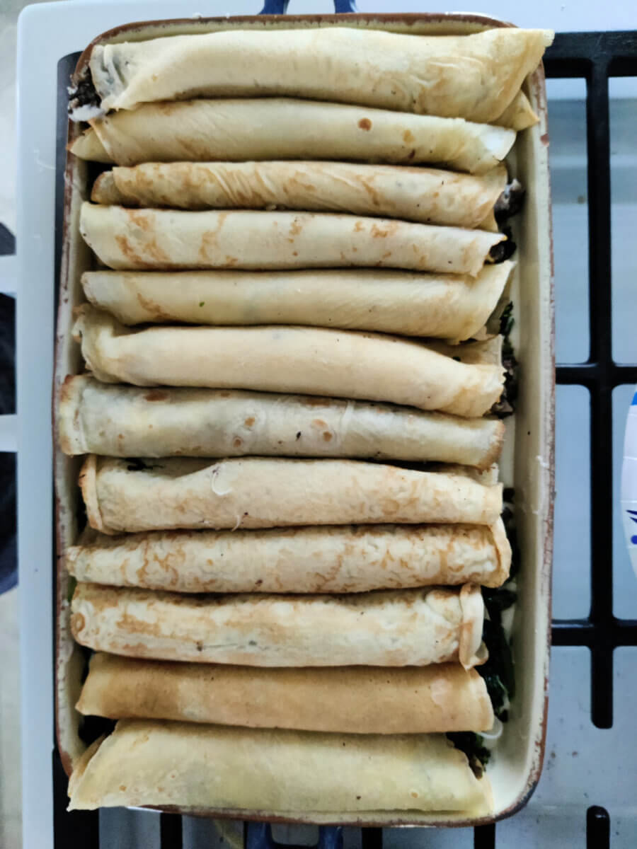 Mushroom Crepes in Tray Before Sauce