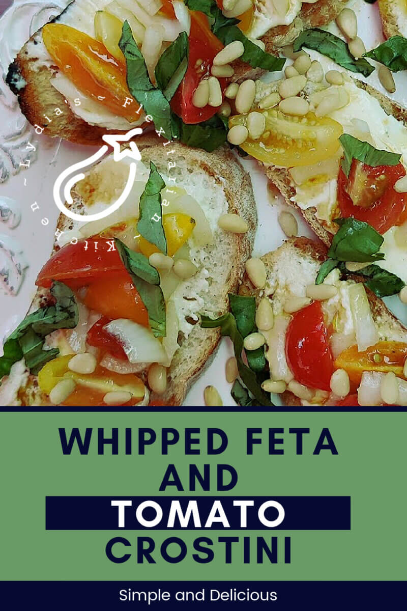 large image with text whipped feta and tomato crostini